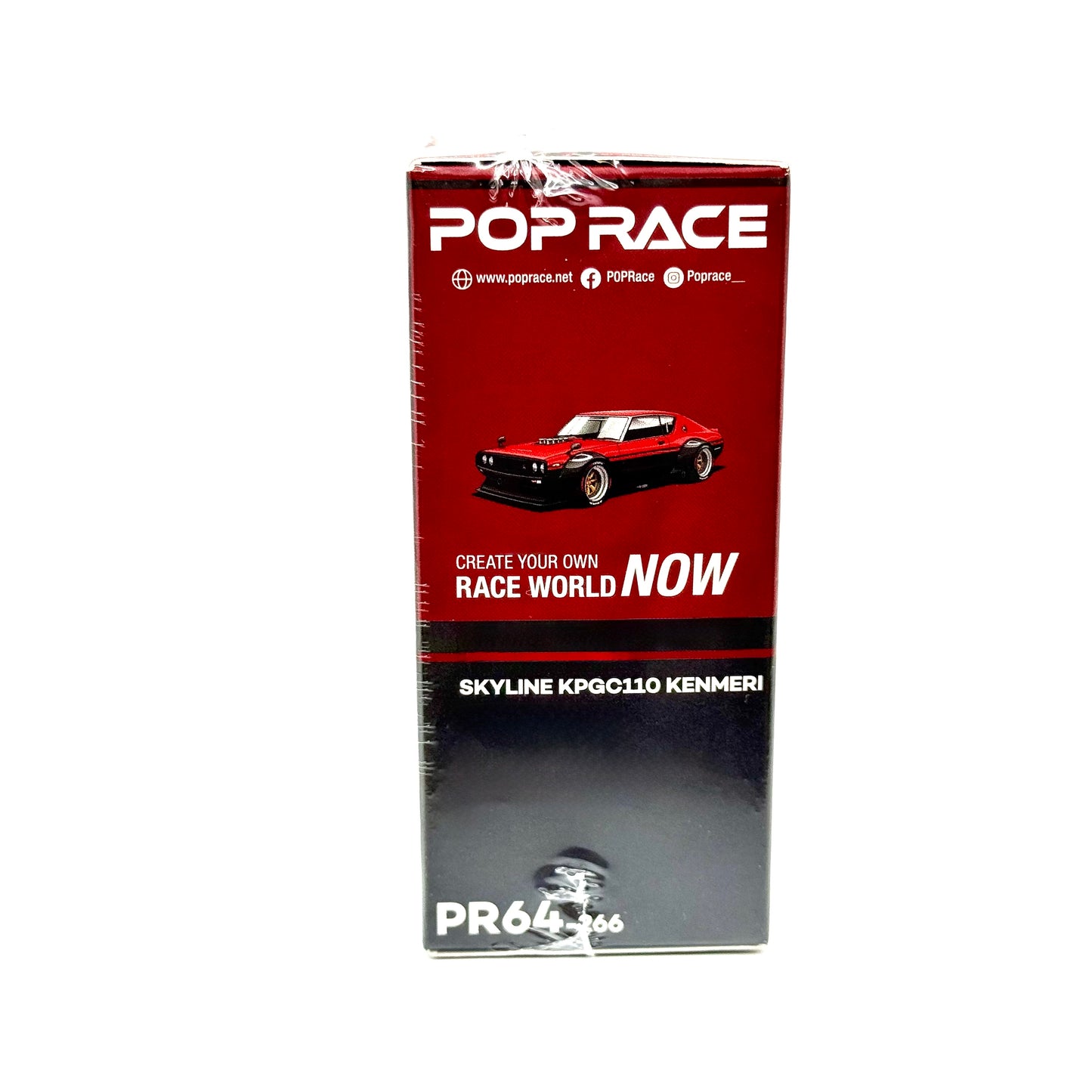 Pop Race Nissan Skyline GT-R KPGC110 Kenmeri V8 Drift Red Black 1:64 model packaging side view