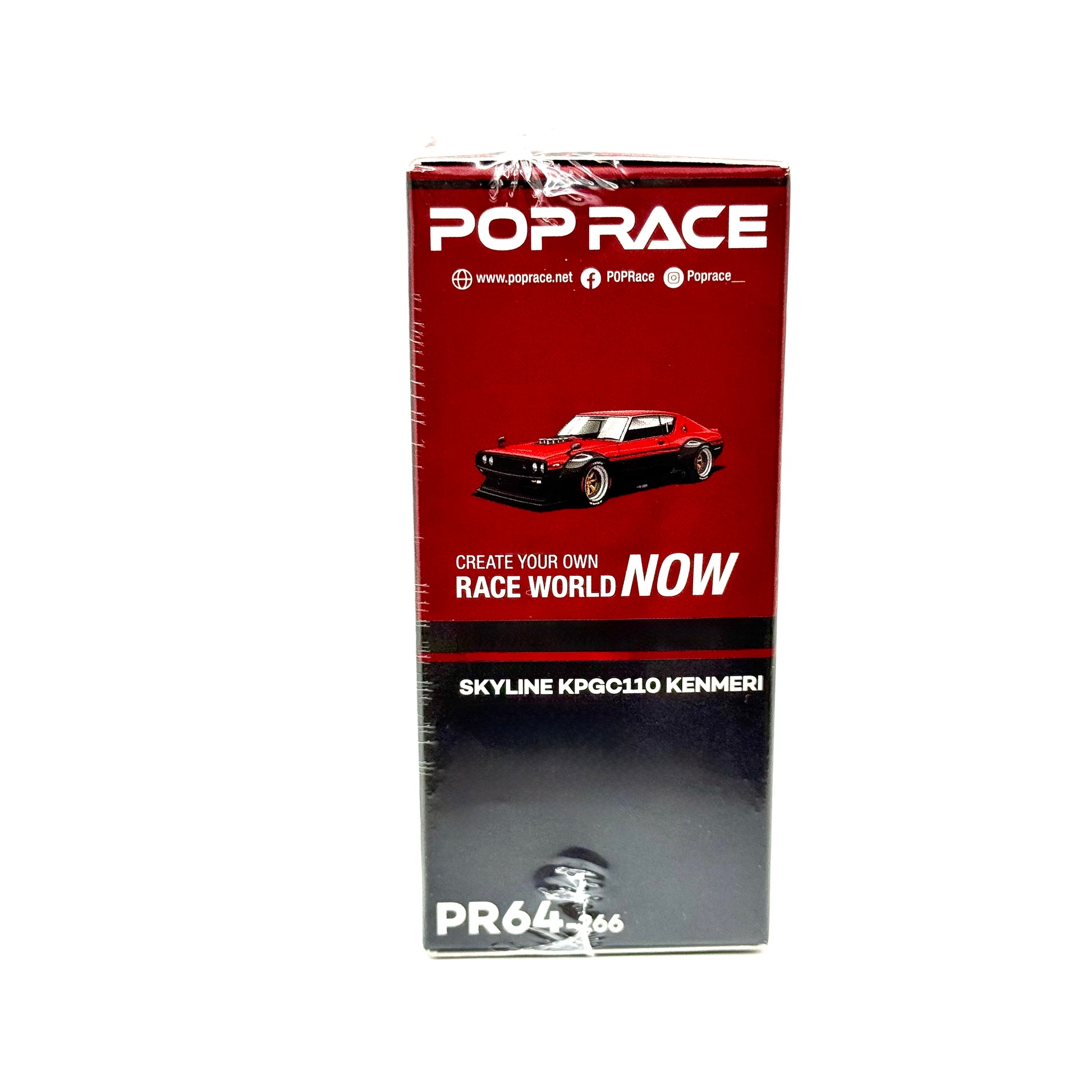 Pop Race Nissan Skyline GT-R KPGC110 Kenmeri V8 Drift Red Black 1:64 model packaging side view