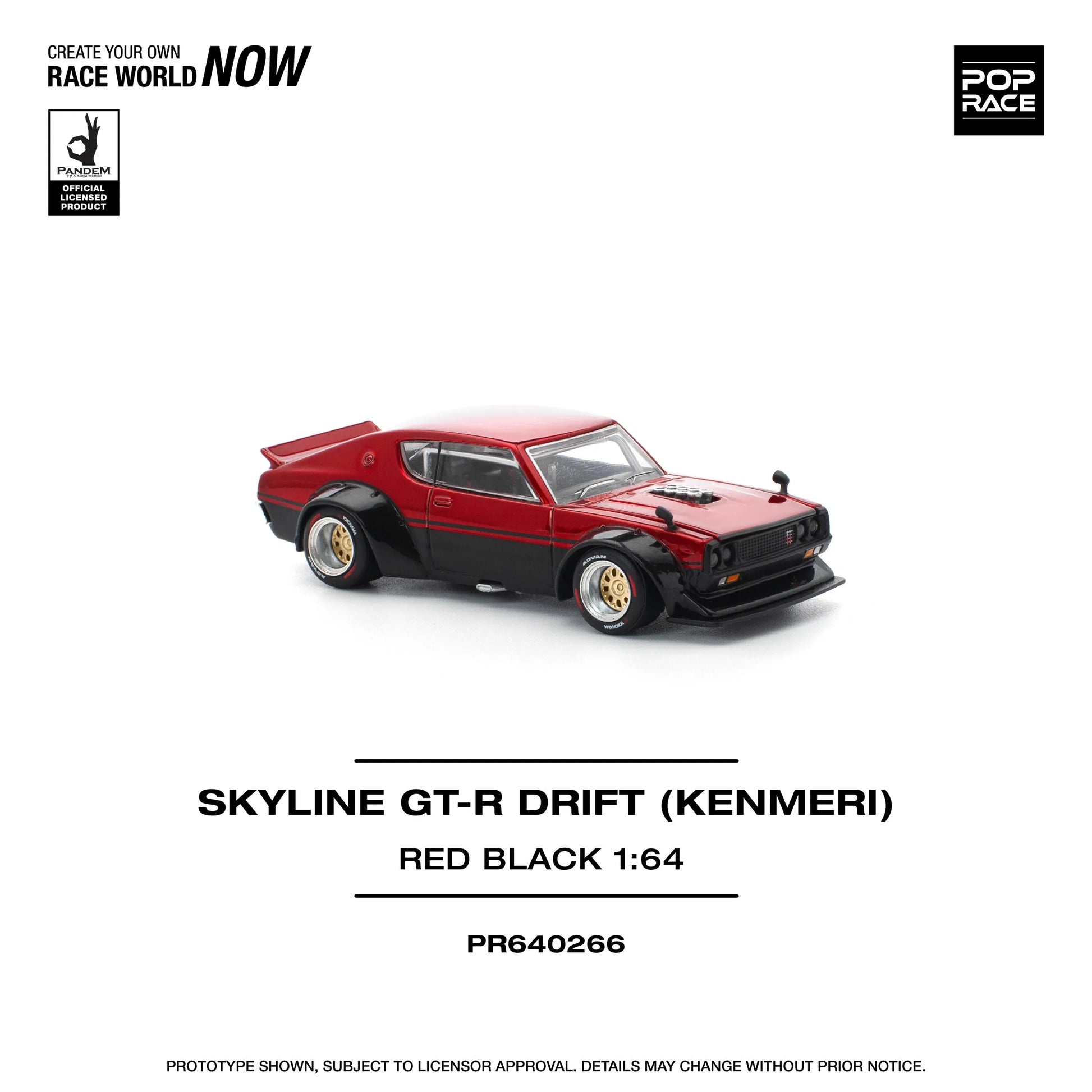 Pop Race Nissan Skyline GT-R KPGC110 Kenmeri V8 Drift Red Black 1:64 diecast model front three-quarter view