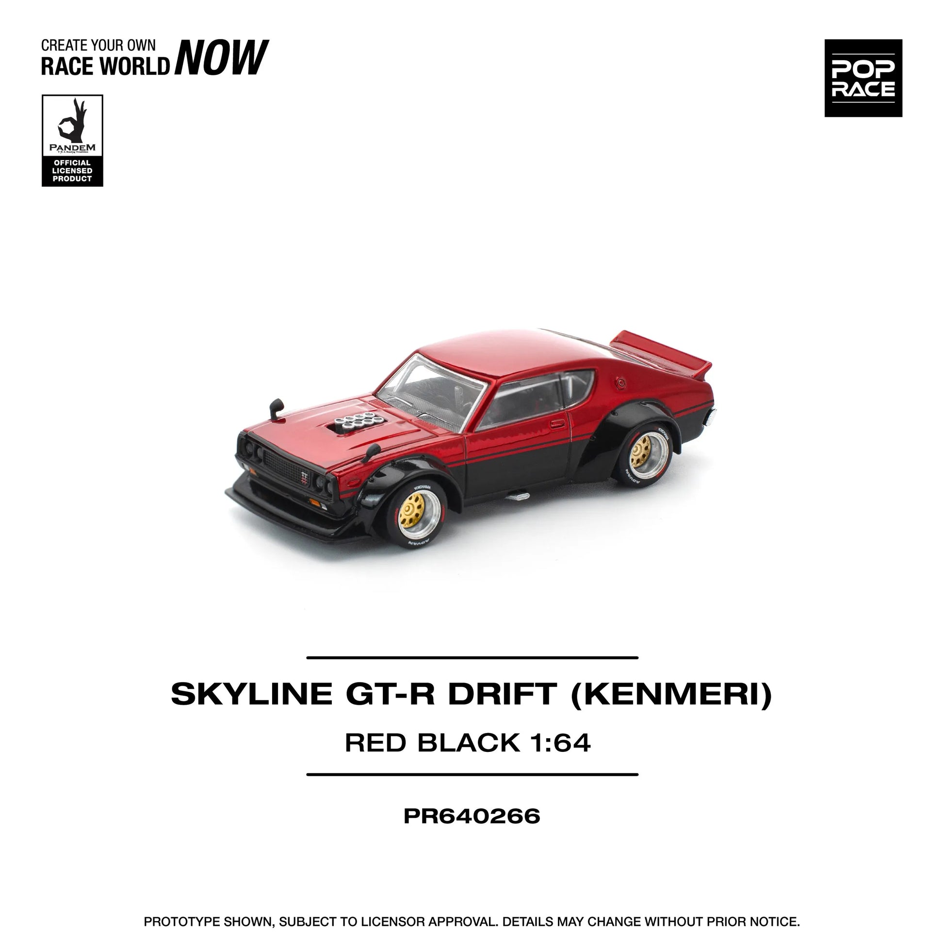Pop Race Nissan Skyline GT-R KPGC110 Kenmeri V8 Drift Red Black 1:64 diecast model front view