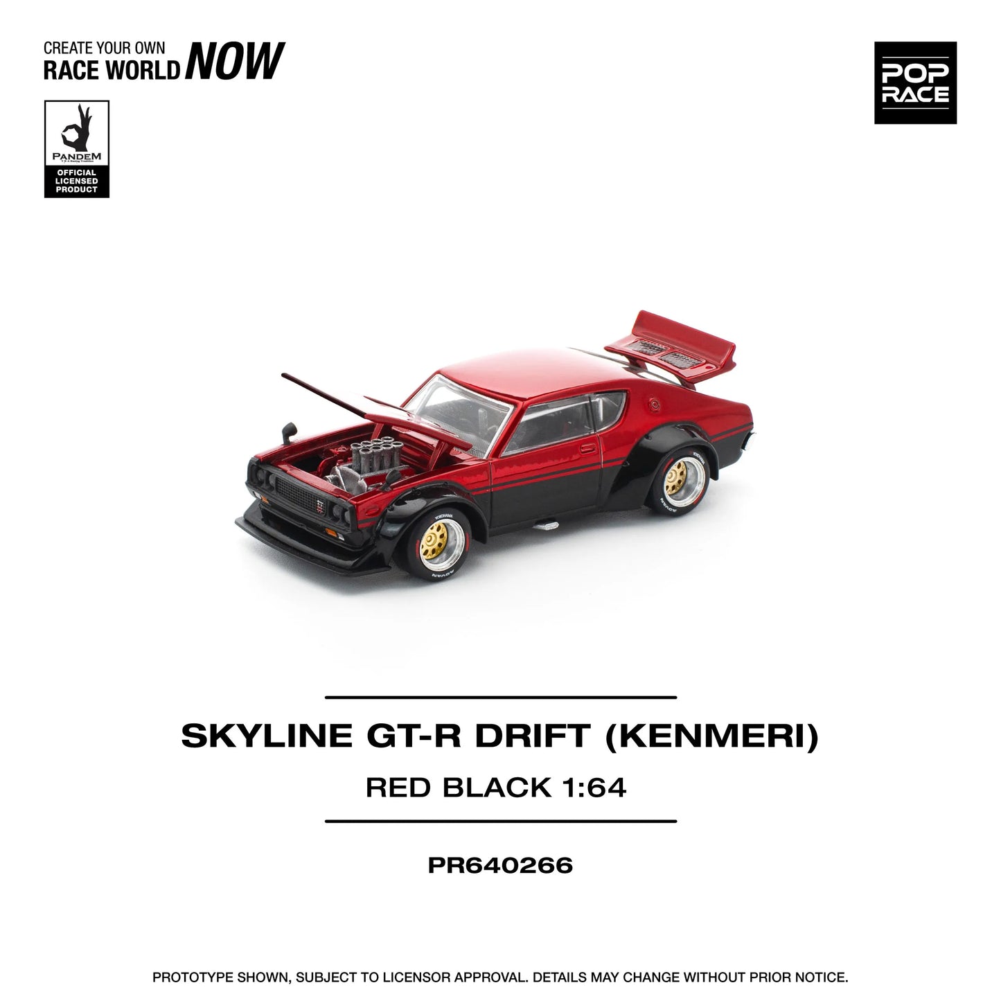 Pop Race Nissan Skyline GT-R KPGC110 Kenmeri V8 Drift Red Black 1:64 diecast model left side view with open bonnet