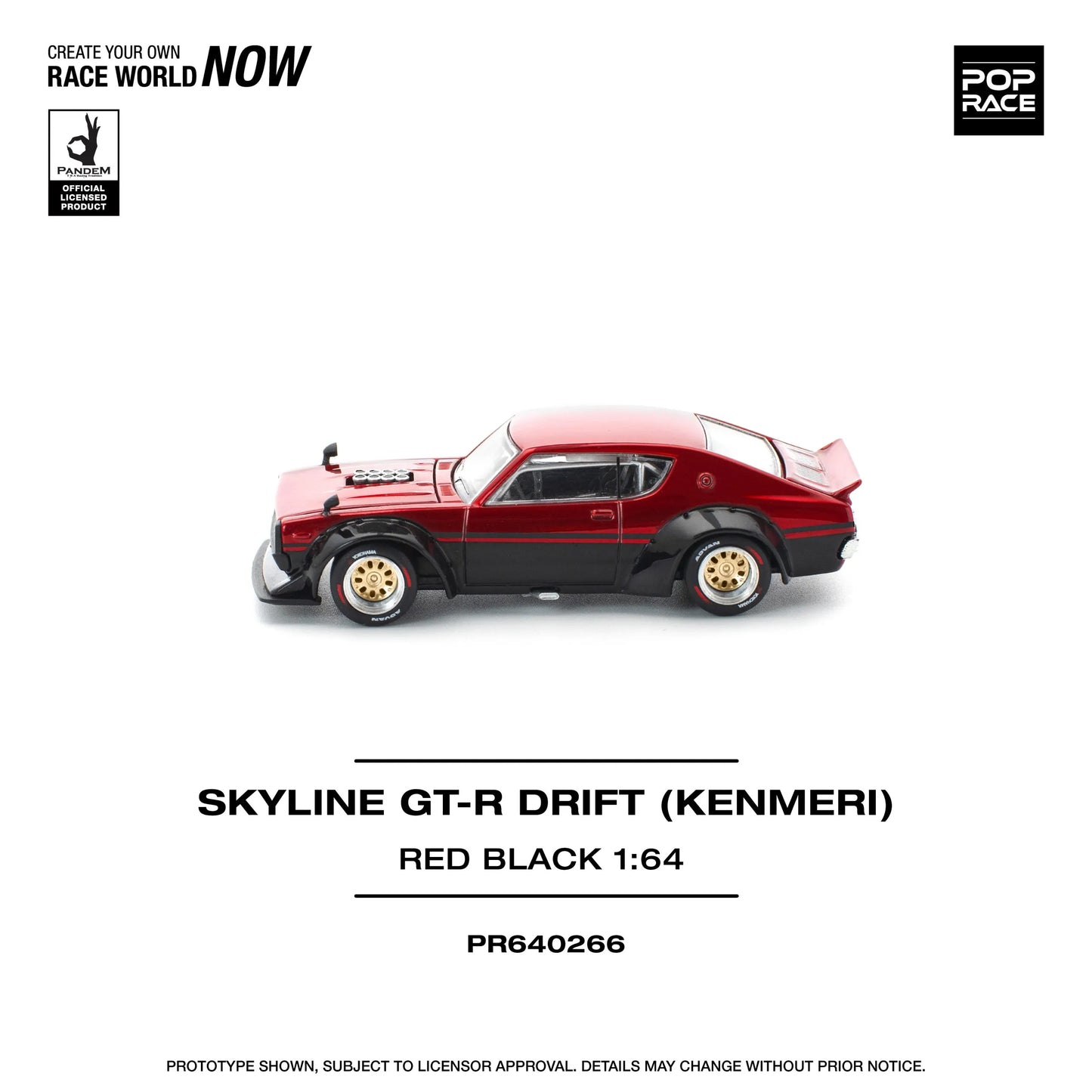 Pop Race Nissan Skyline GT-R KPGC110 Kenmeri V8 Drift Red Black 1:64 diecast model left side view