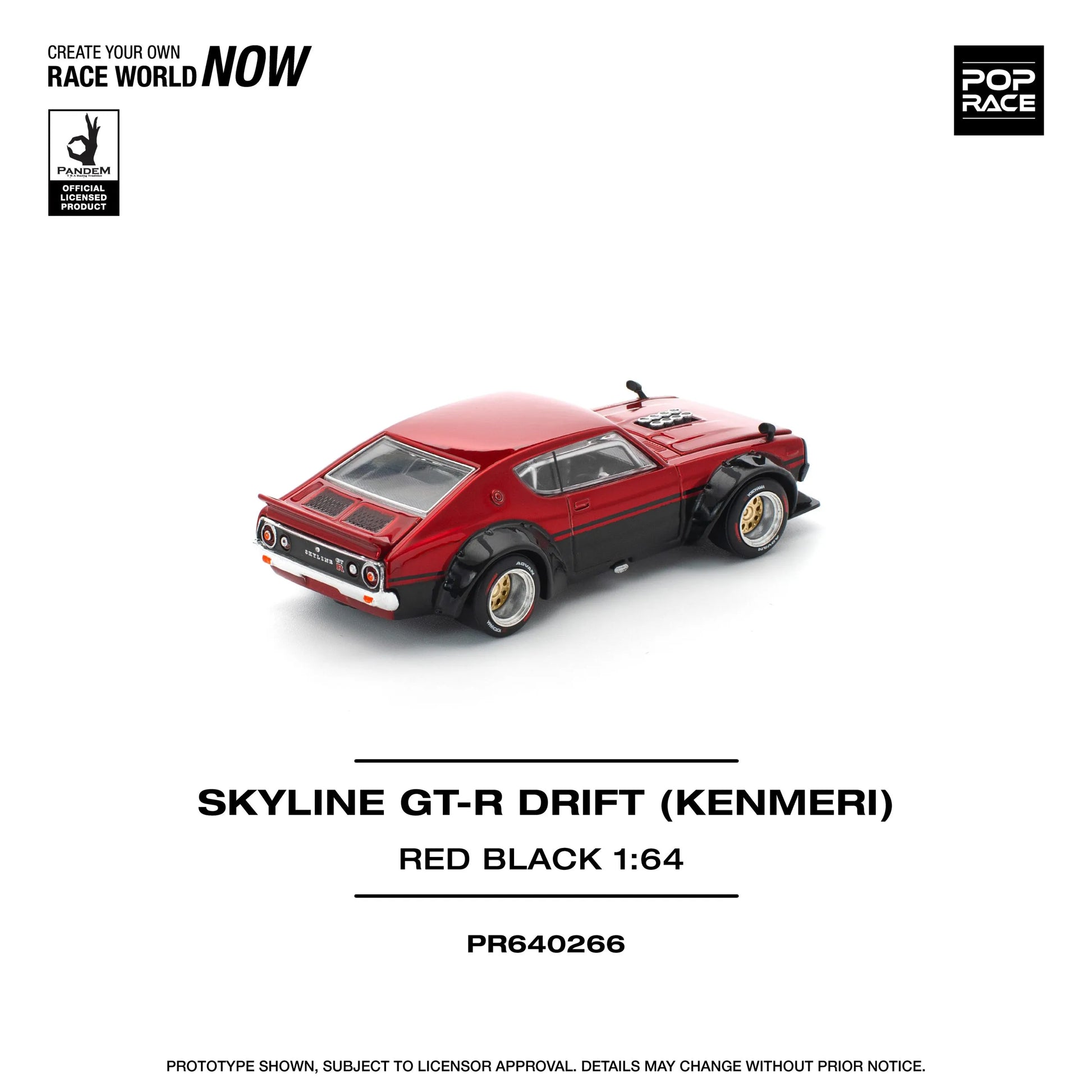 Pop Race Nissan Skyline GT-R KPGC110 Kenmeri V8 Drift Red Black 1:64 diecast model rear three-quarter view