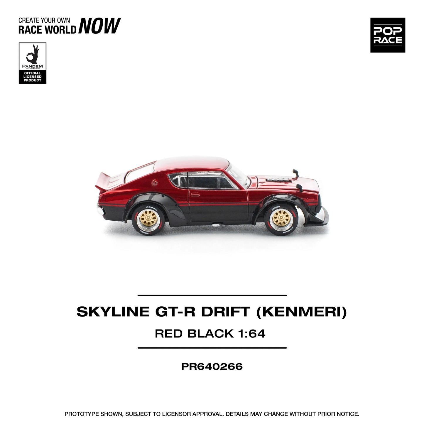 Pop Race Nissan Skyline GT-R KPGC110 Kenmeri V8 Drift Red Black 1:64 diecast model right side view