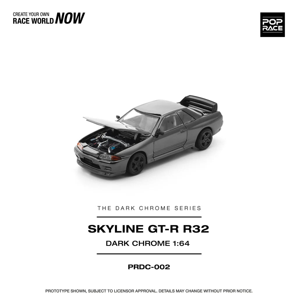 Pop Race Nissan Skyline GT-R R32 Dark Chrome 1:64 diecast model car front angle opened bonnet