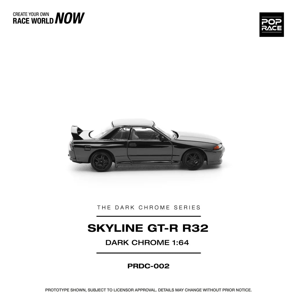 Pop Race Nissan Skyline GT-R R32 Dark Chrome 1:64 diecast model car angled side view