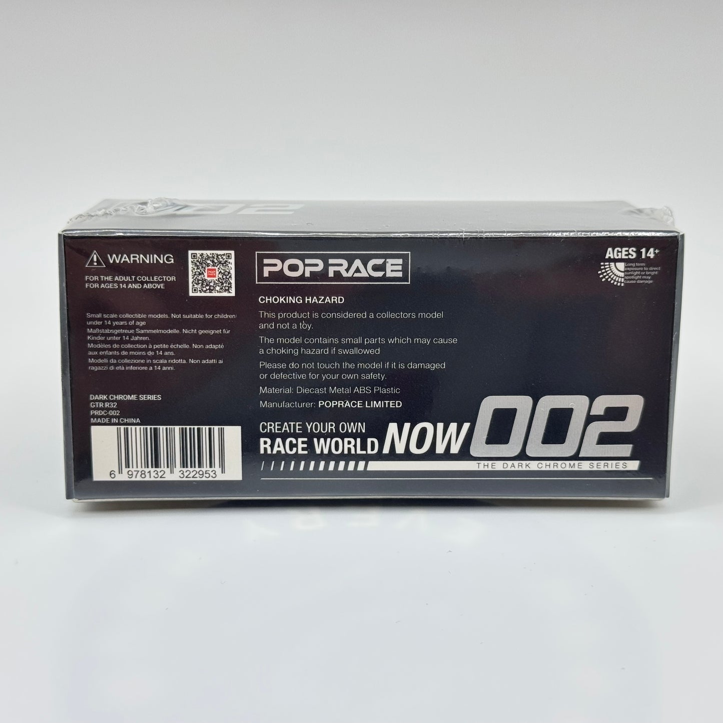 Pop Race Nissan Skyline GT-R R32 Dark Chrome 1:64 diecast model car boxed rear view