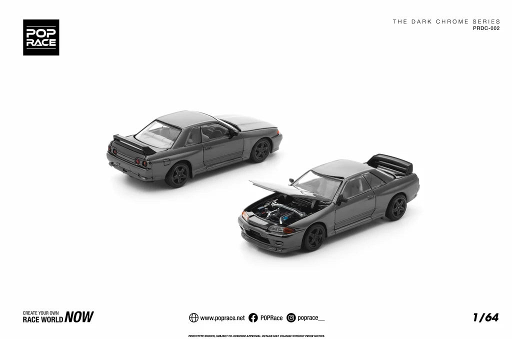 Pop Race Nissan Skyline GT-R R32 Dark Chrome 1:64 diecast model car front angle and rear angle