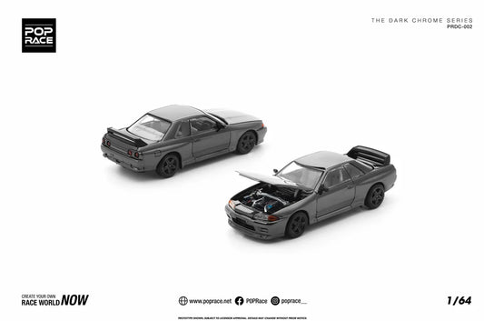 Pop Race Nissan Skyline GT-R R32 Dark Chrome 1:64 diecast model car front angle and rear angle