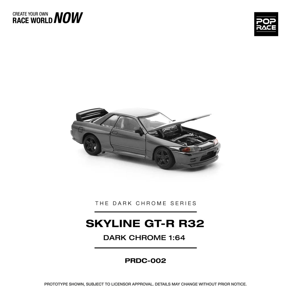 Pop Race Nissan Skyline GT-R R32 Dark Chrome 1:64 diecast model car front angle opened bonnet