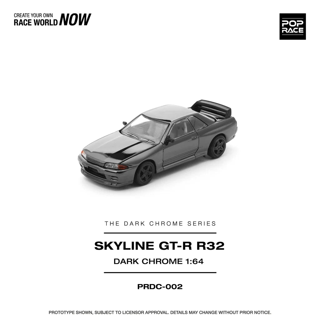 Pop Race Nissan Skyline GT-R R32 Dark Chrome 1:64 diecast model car front angle