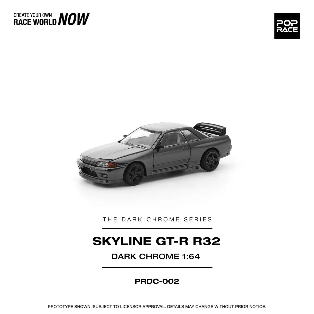 Pop Race Nissan Skyline GT-R R32 Dark Chrome 1:64 diecast model car front three-quarter view