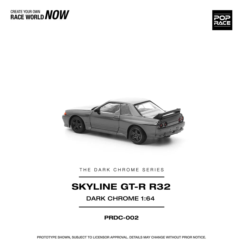 Pop Race Nissan Skyline GT-R R32 Dark Chrome 1:64 diecast model car rear three-quarter view