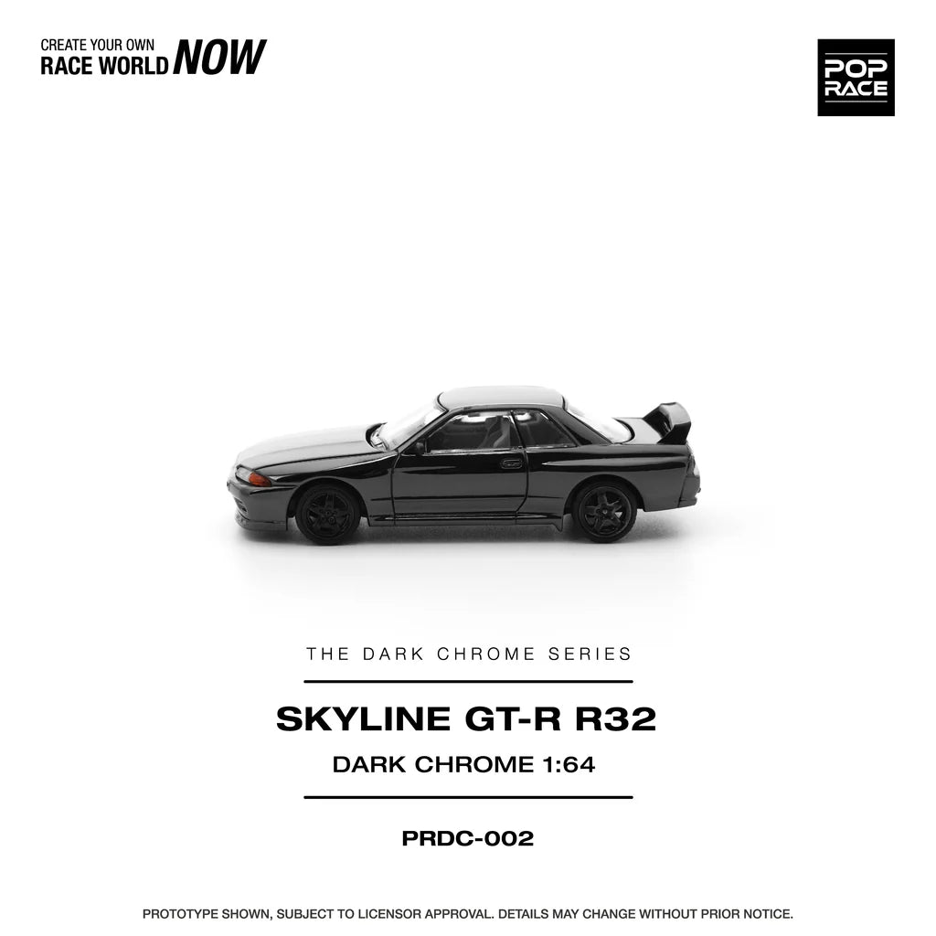 Pop Race Nissan Skyline GT-R R32 Dark Chrome 1:64 diecast model car angled side view