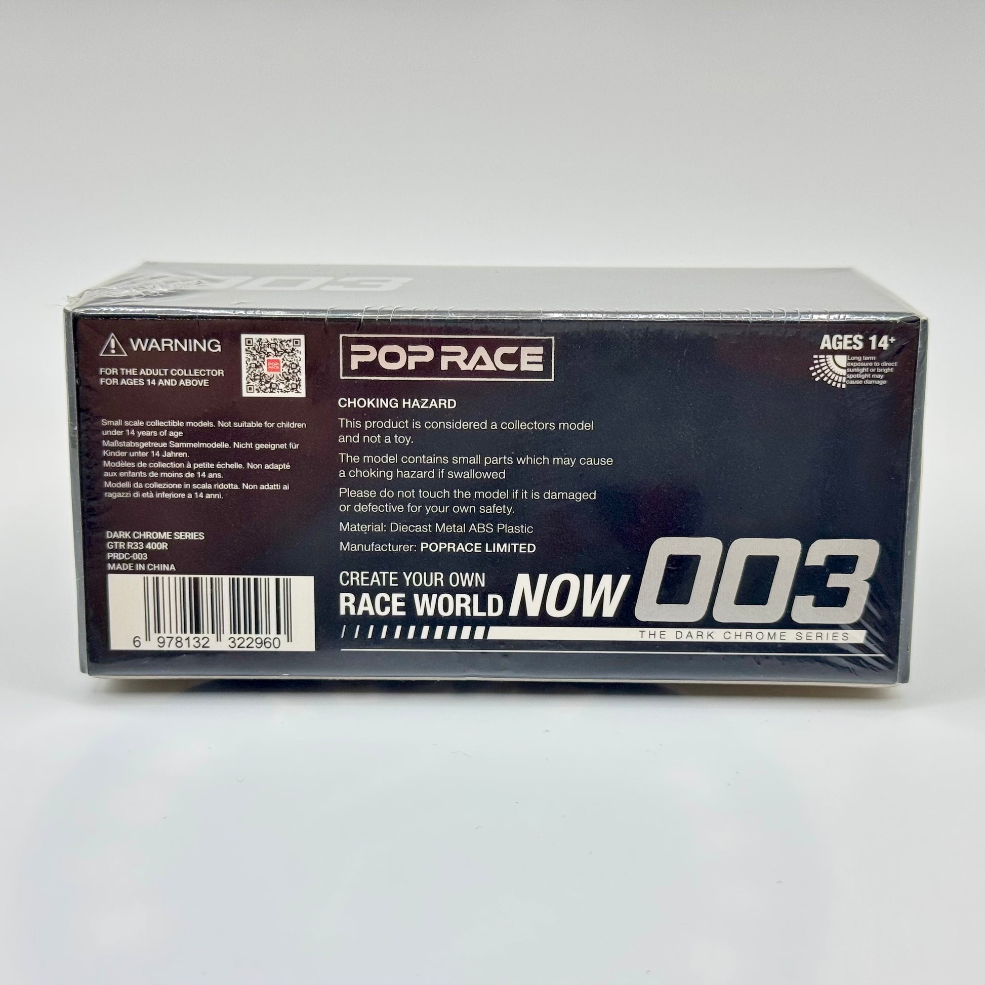 Pop Race Nissan Skyline GT-R R33 Dark Chrome 1:64 diecast model car boxed rear view