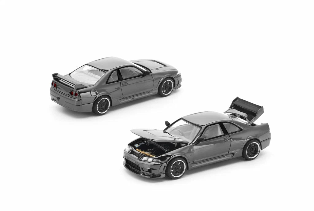 Pop Race Nissan Skyline GT-R R33 Dark Chrome 1:64 diecast model car front and back three-quarter view