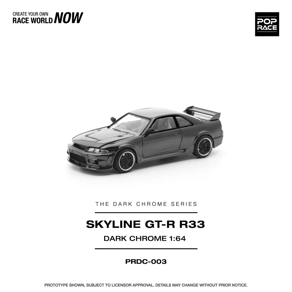 Pop Race Nissan Skyline GT-R R33 Dark Chrome 1:64 diecast model car front three-quarter view