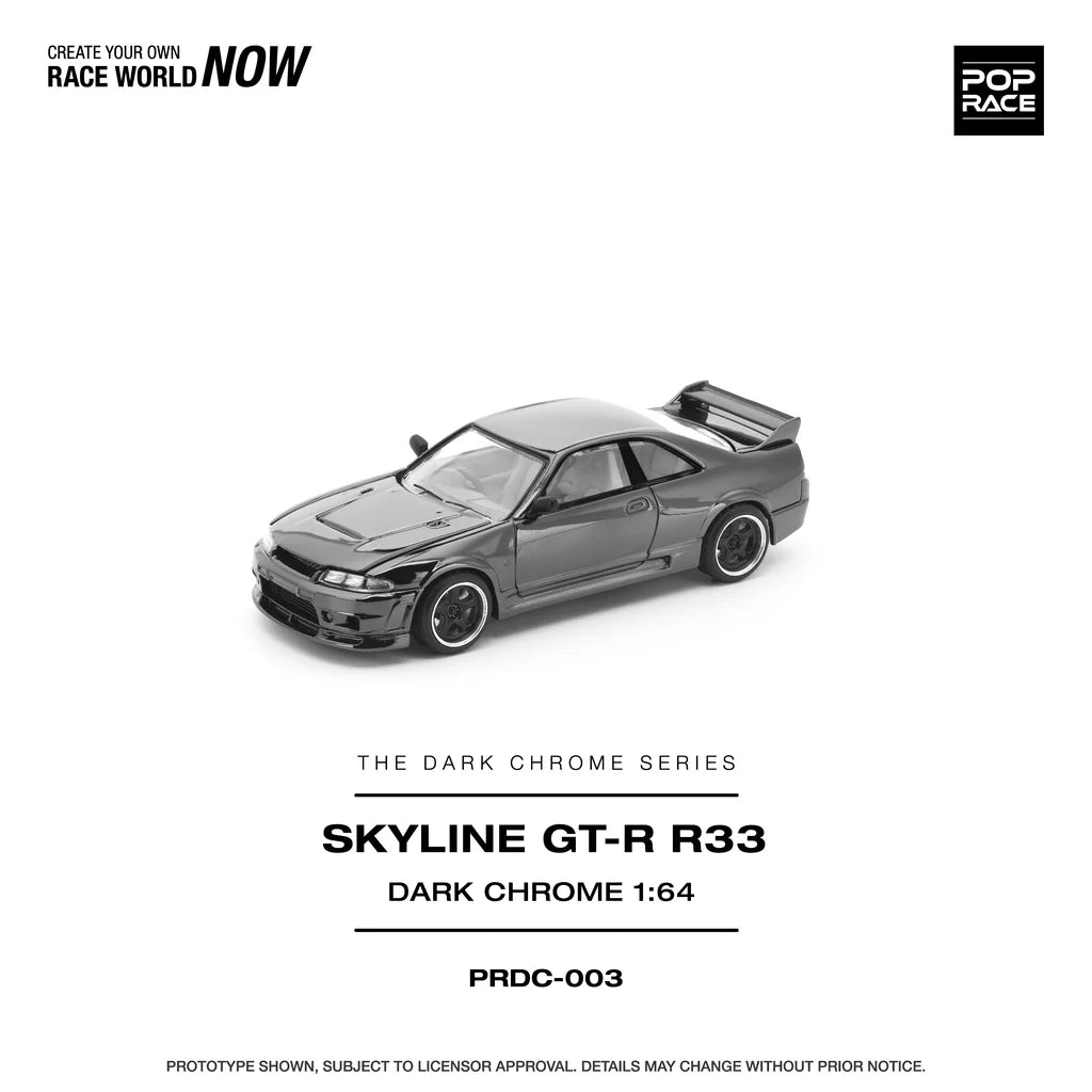 Pop Race Nissan Skyline GT-R R33 Dark Chrome 1:64 diecast model car front view