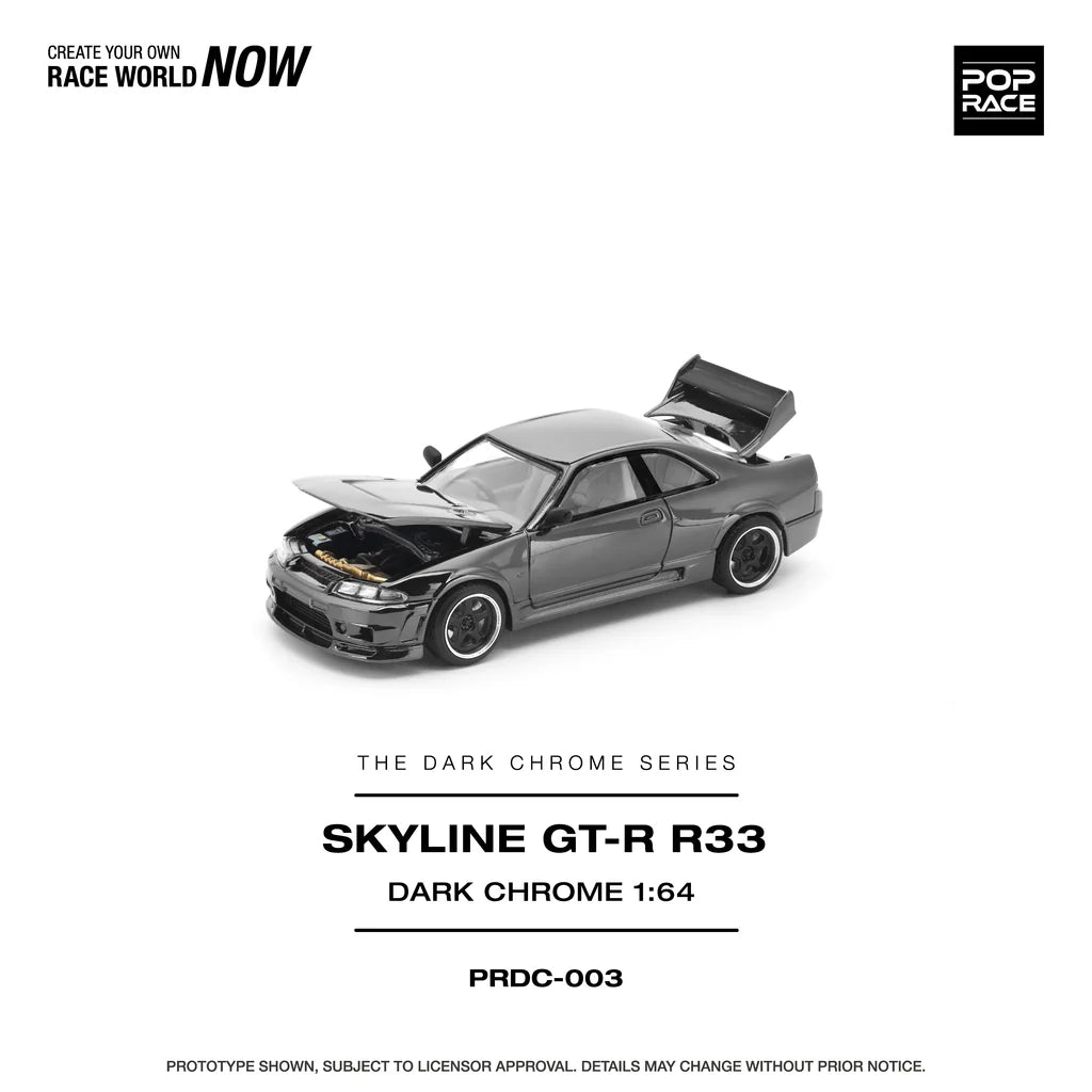 Pop Race Nissan Skyline GT-R R33 Dark Chrome 1:64 diecast model car front angle with bonnet open and trunk open