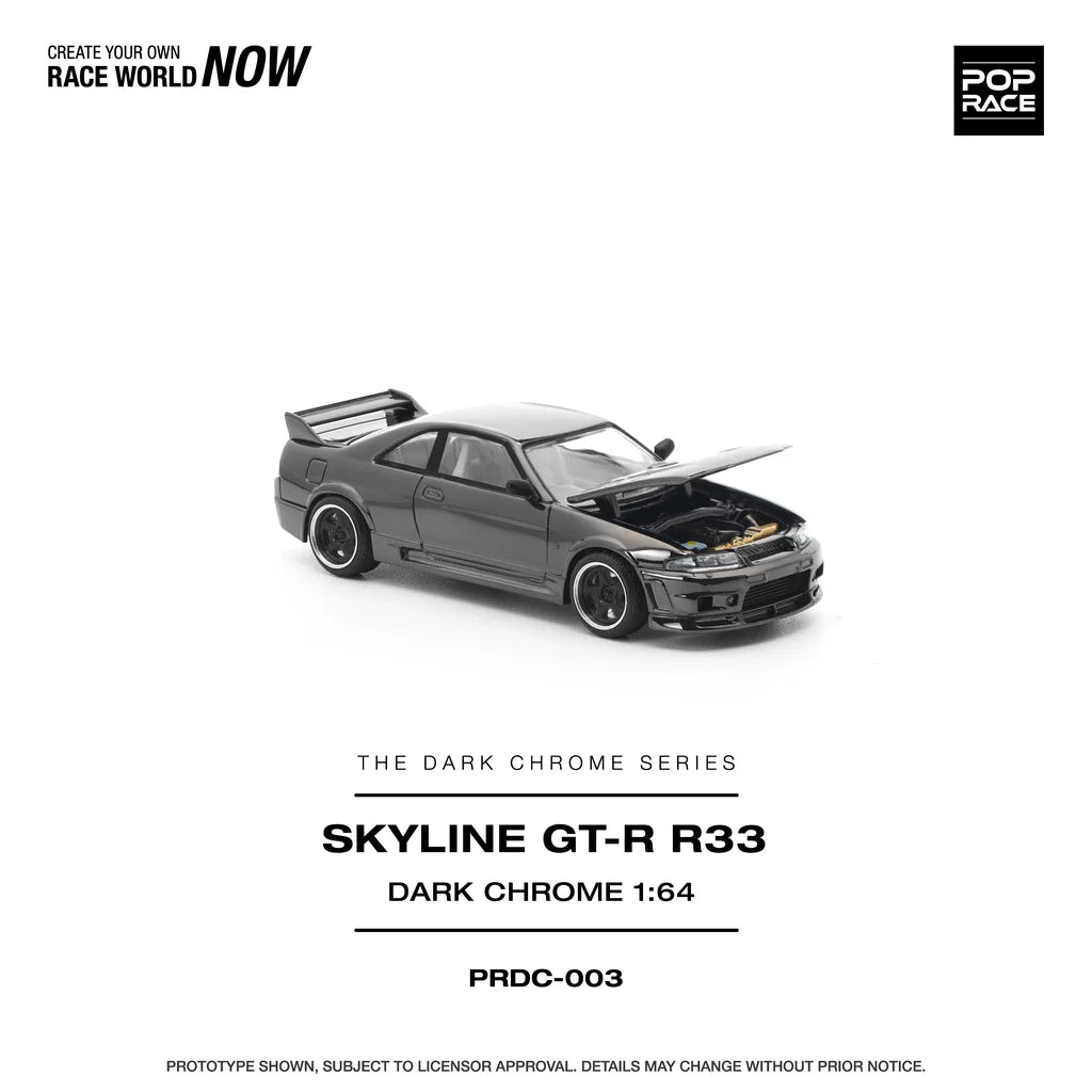 Pop Race Nissan Skyline GT-R R33 Dark Chrome 1:64 diecast model car with bonnet open