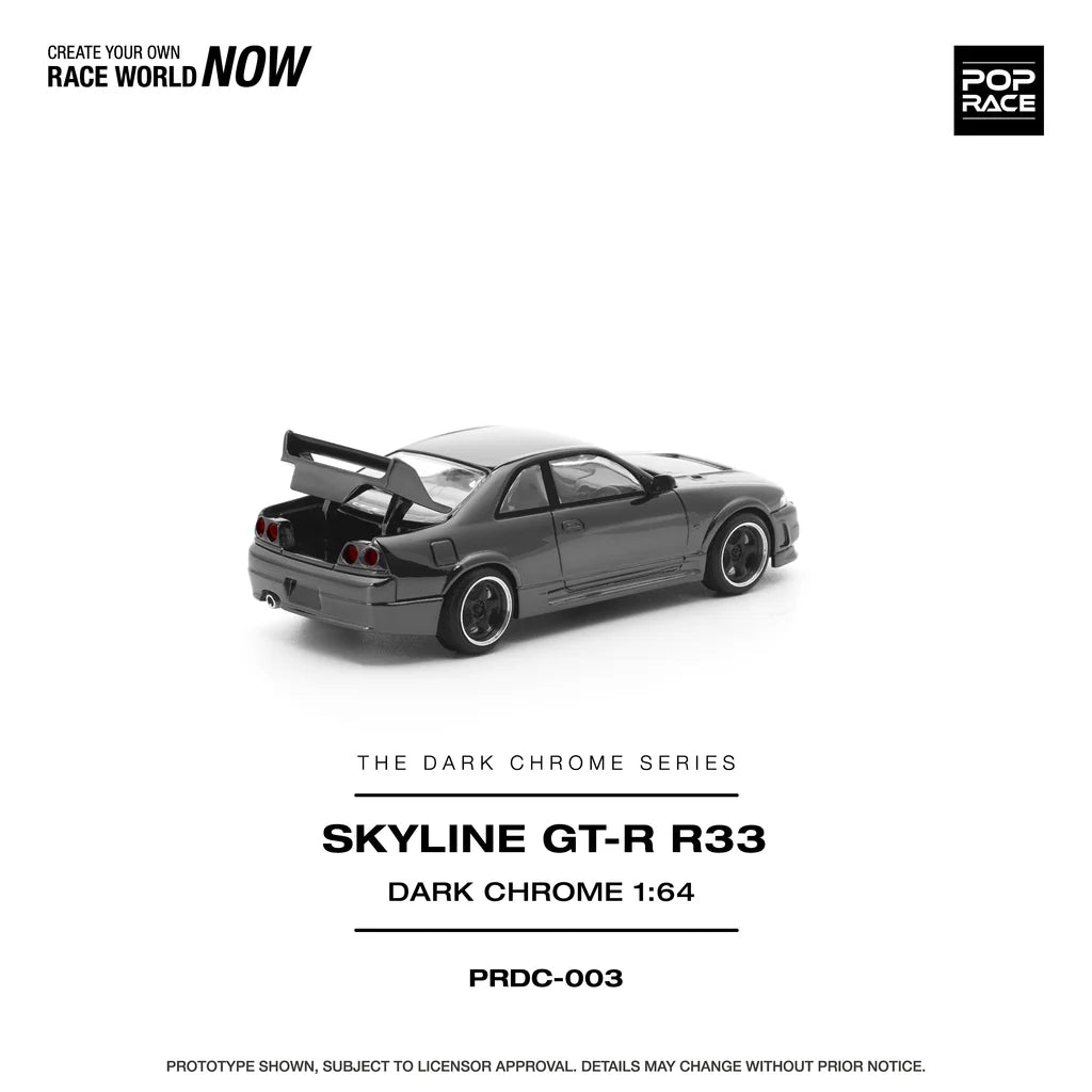 Pop Race Nissan Skyline GT-R R33 Dark Chrome 1:64 diecast model car with trunk open