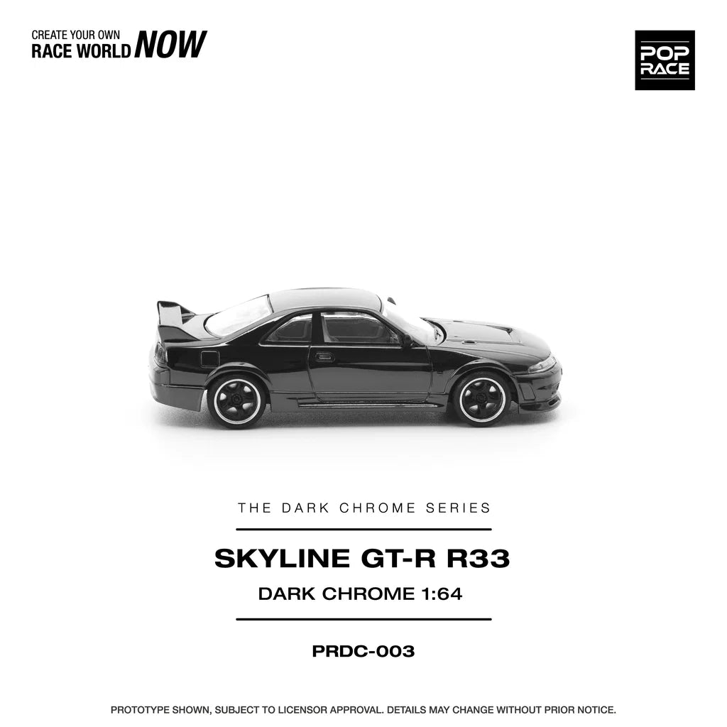 Pop Race Nissan Skyline GT-R R33 Dark Chrome 1:64 diecast model car right side view