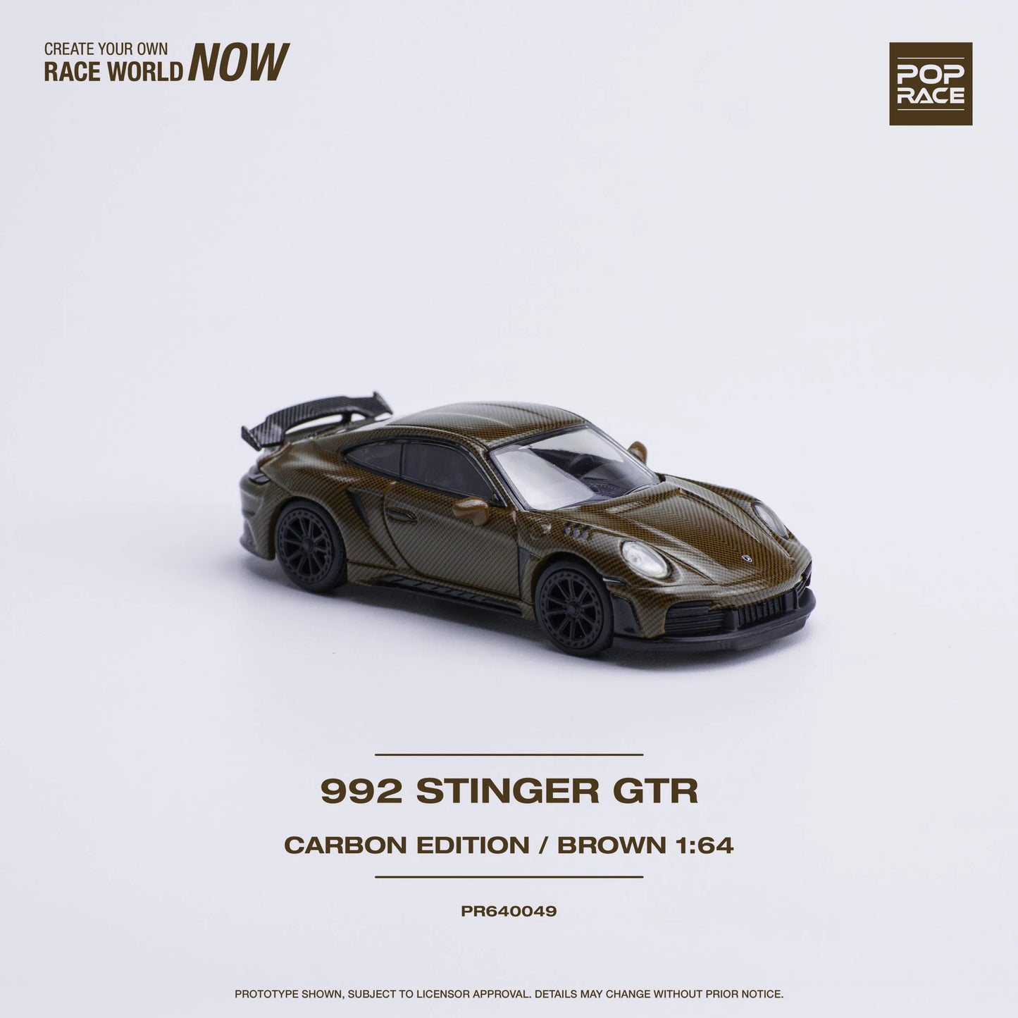 Front angle view of Pop Race Porsche 992 Stinger GTR diecast model