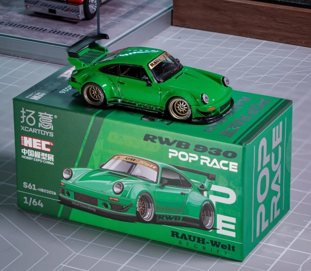 Pop Race Porsche RWB 930 Green HEC 2026 1:64 diecast model boxed and unboxed front view