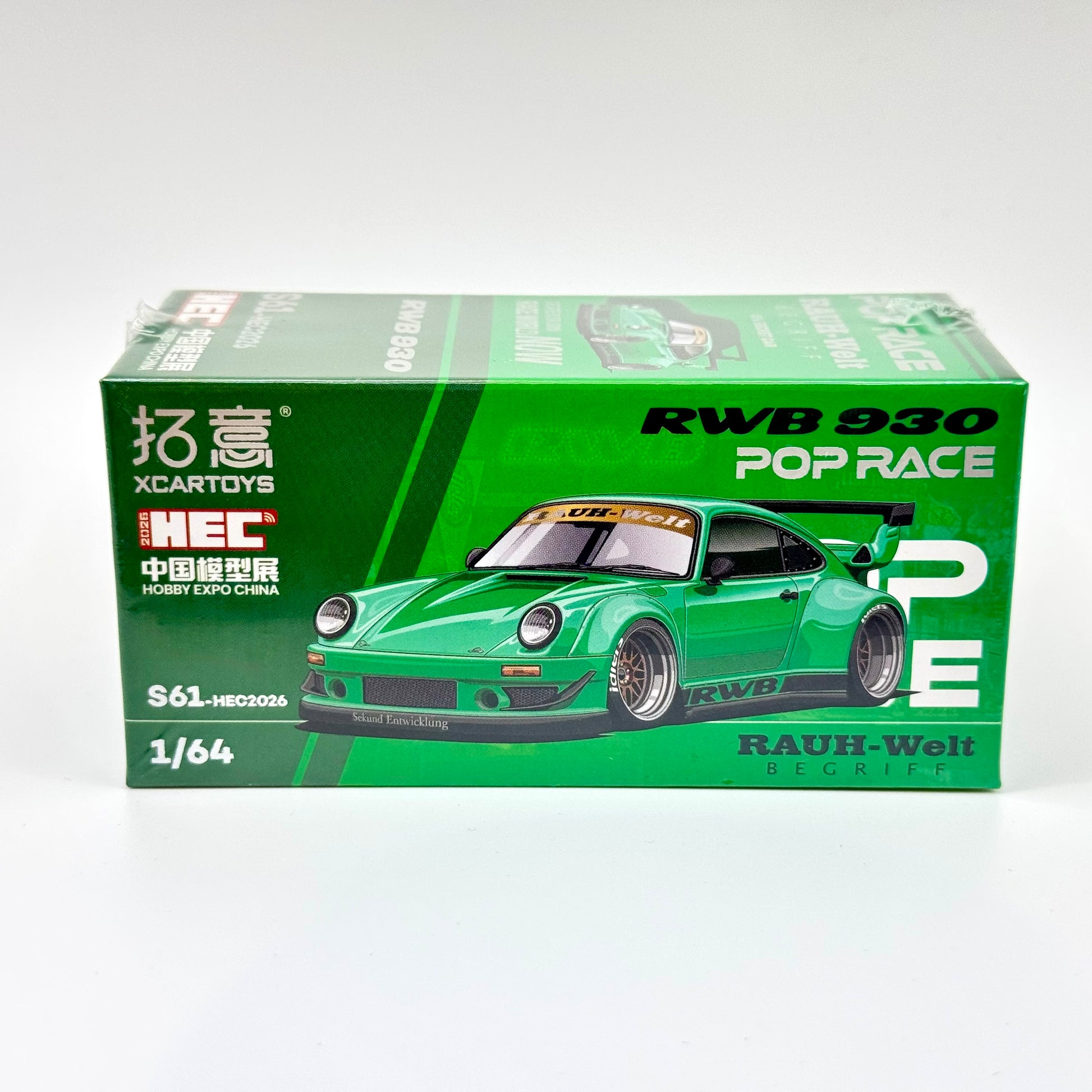 Pop Race Porsche RWB 930 Green HEC 2026 1:64 diecast model boxed front view