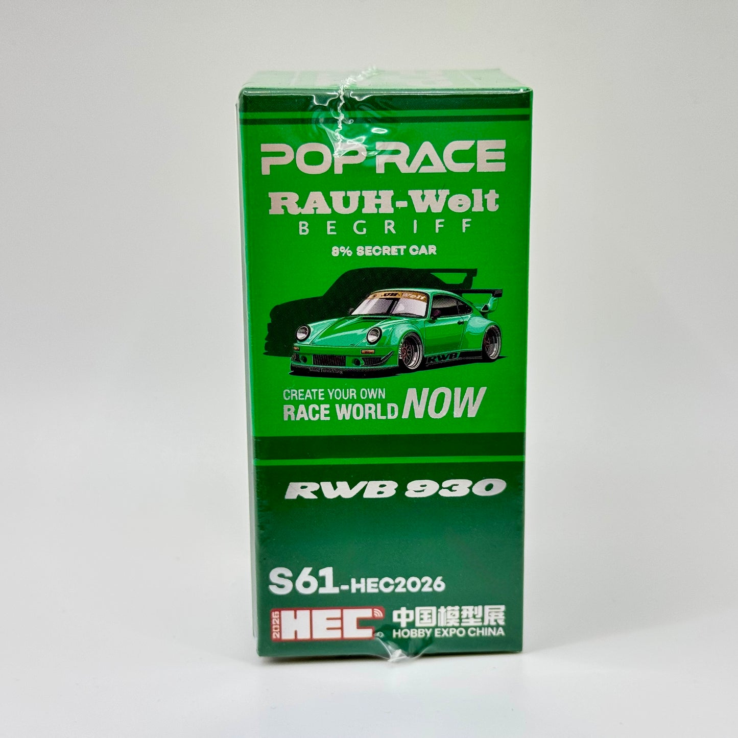 Pop Race Porsche RWB 930 Green HEC 2026 1:64 model packaging side view