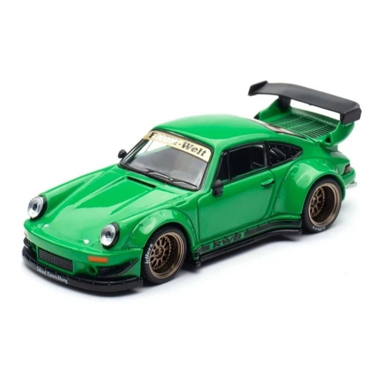 Pop Race Porsche RWB 930 Green HEC 2026 1:64 diecast model front three-quarter view