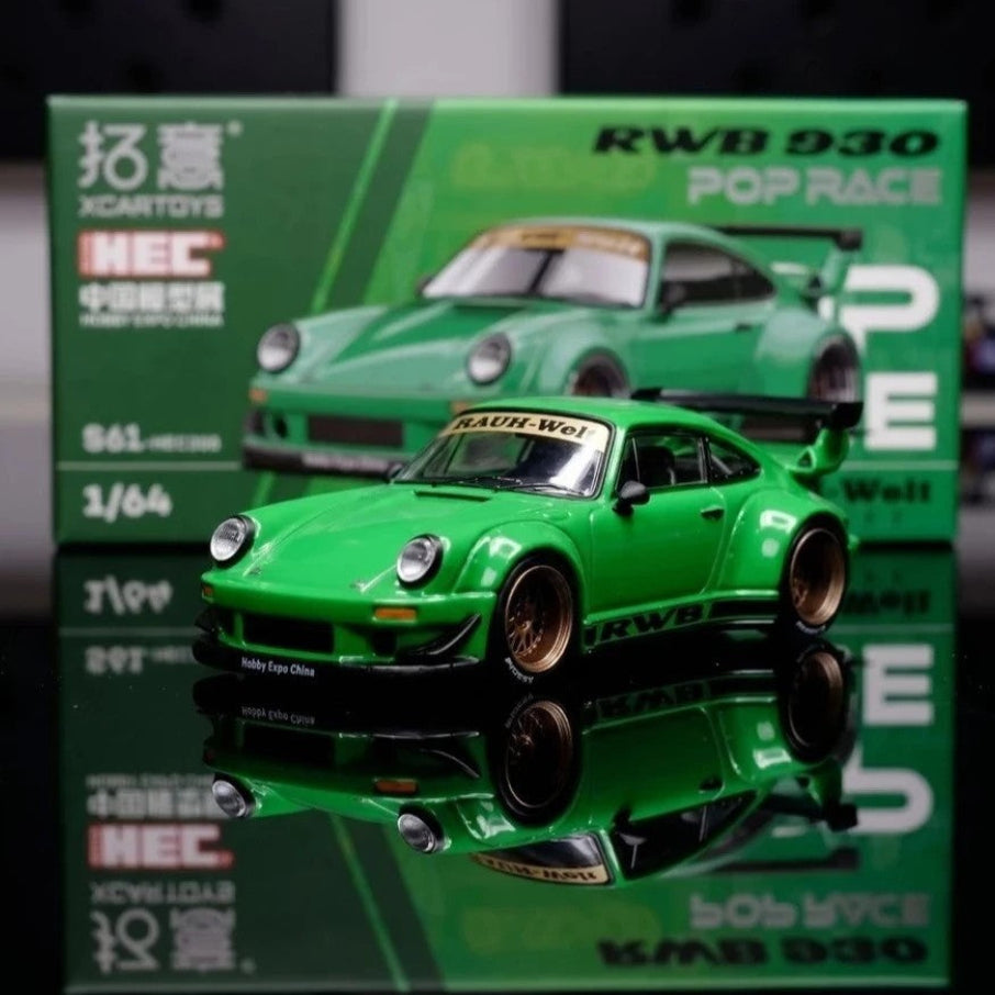 Pop Race Porsche RWB 930 Green HEC 2026 1:64 diecast model front three-quarter view