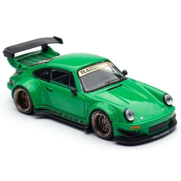Pop Race Porsche RWB 930 Green HEC 2026 1:64 diecast model front three-quarter view