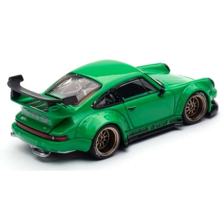 Pop Race Porsche RWB 930 Green HEC 2026 1:64 diecast model rear three-quarter view