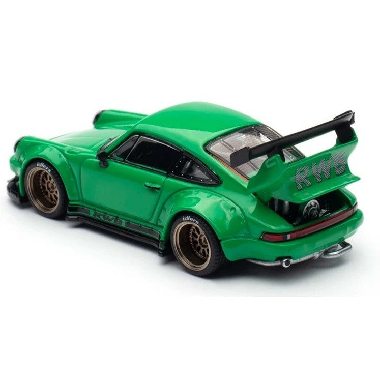 Pop Race Porsche RWB 930 Green HEC 2026 1:64 diecast model rear view with open trunk