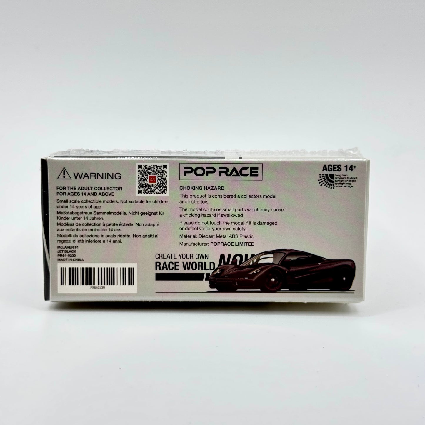 McLaren F1 diecast model Pop Race packaging rear view