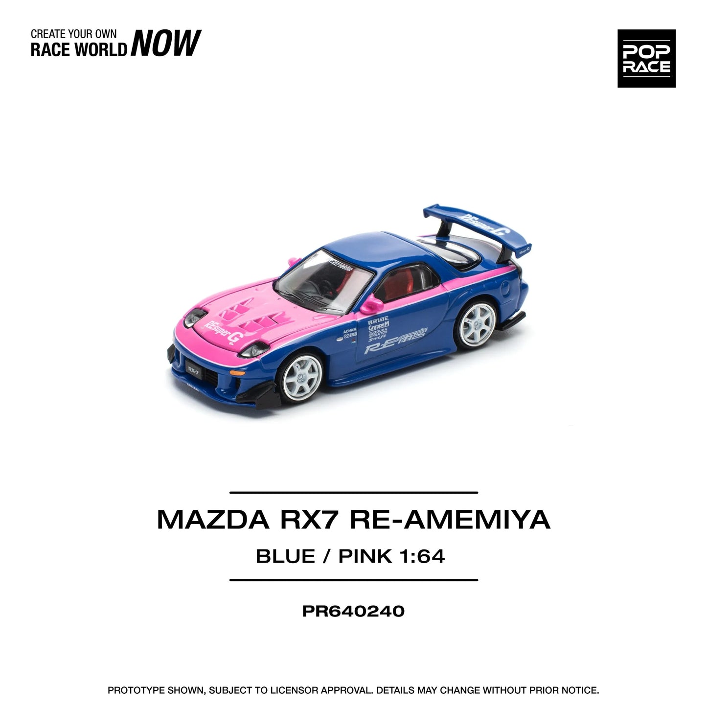 Pop Race Mazda RX7 Re-Amemiya PR64-0240 1:64 diecast front three quarter view
