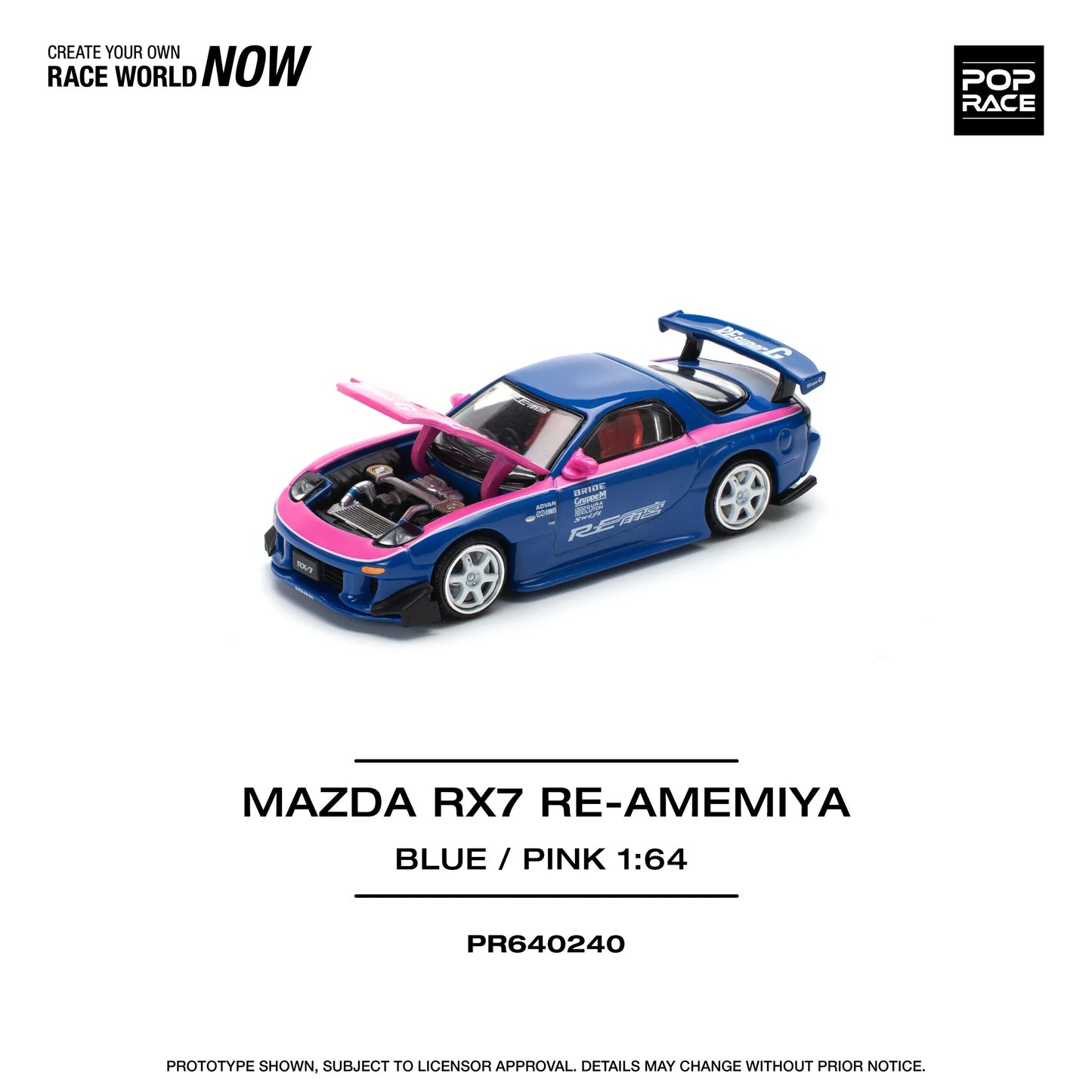 Pop Race Mazda RX7 Re-Amemiya PR64-0240 1:64 diecast front three quarter view