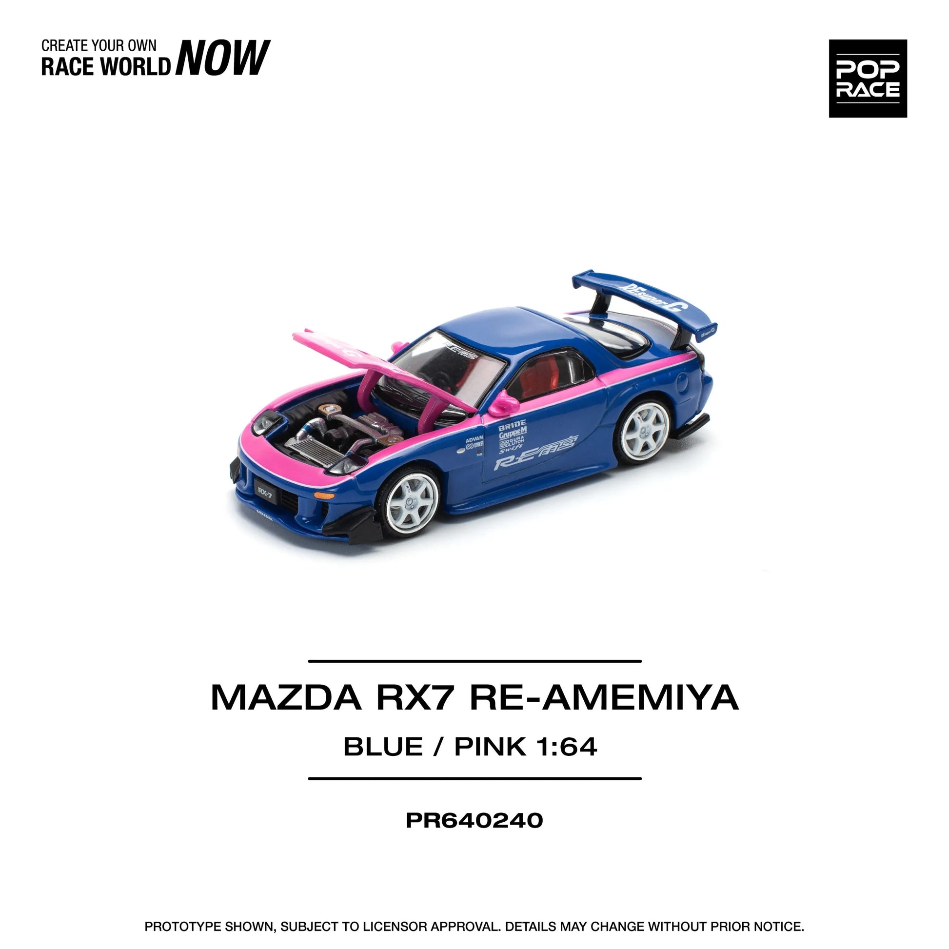 Pop Race Mazda RX7 Re-Amemiya PR64-0240 1:64 diecast front three quarter view