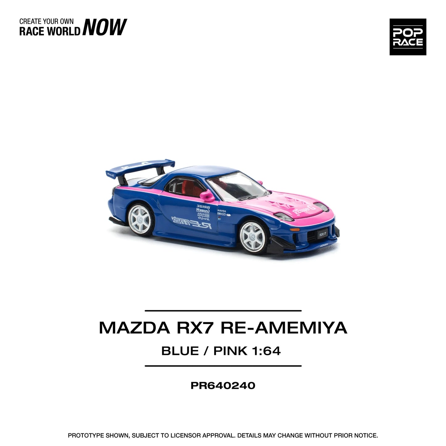Pop Race Mazda RX7 Re-Amemiya PR64-0240 1:64 diecast front three quarter view
