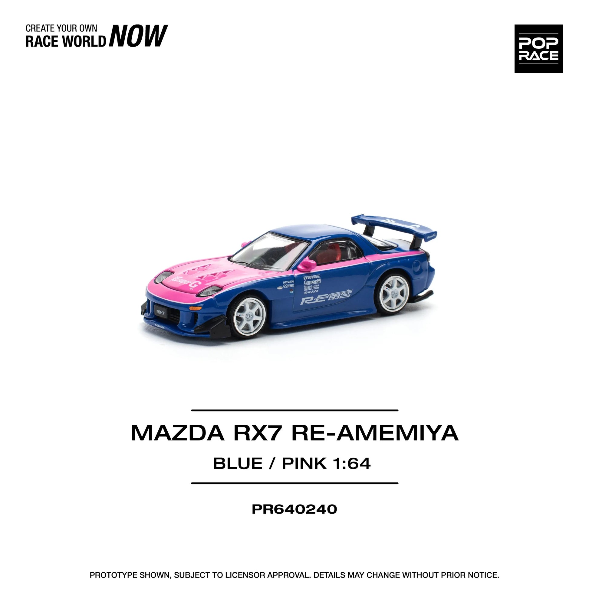 Pop Race Mazda RX7 Re-Amemiya PR64-0240 1:64 diecast front three quarter view