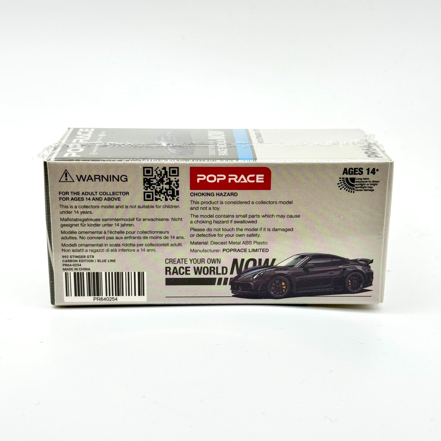 Porsche 992 Stinger GTR Carbon Blue Line diecast packaging rear view