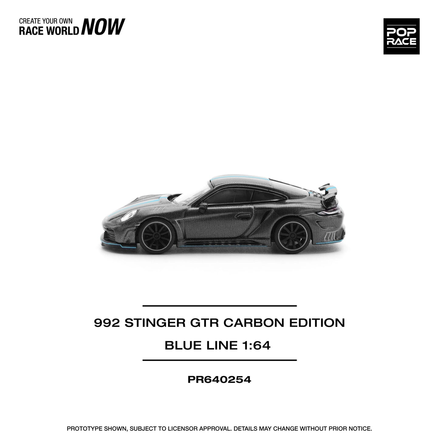 Porsche 911 992 Stinger GTR Carbon Blue Line 1:64 diecast side profile