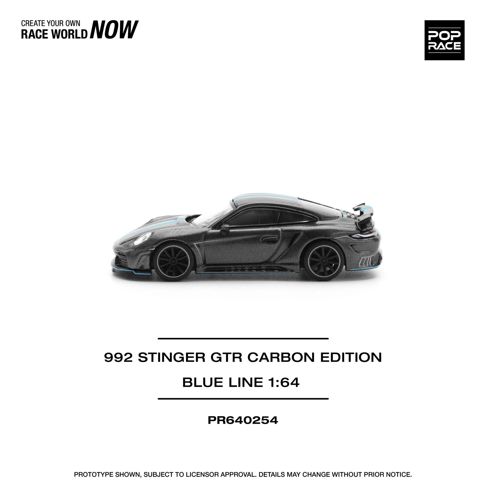 Porsche 911 992 Stinger GTR Carbon Blue Line 1:64 diecast side profile