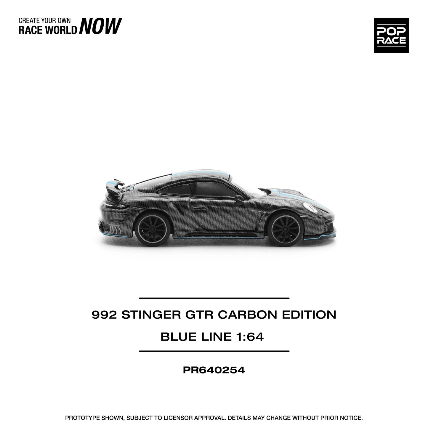 Porsche 911 992 Stinger GTR Carbon Blue Line 1:64 diecast side profile