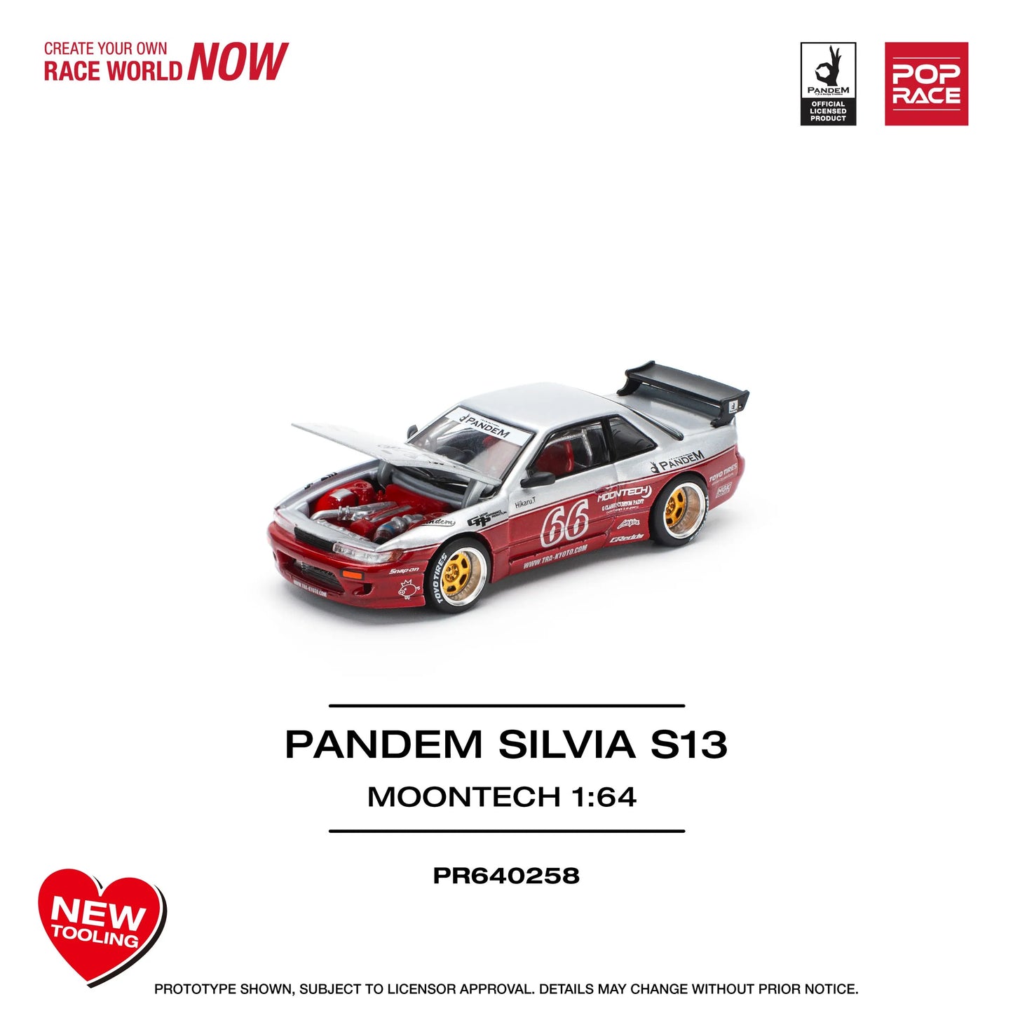 Pandem S13 new tooling diecast model top view with open hood