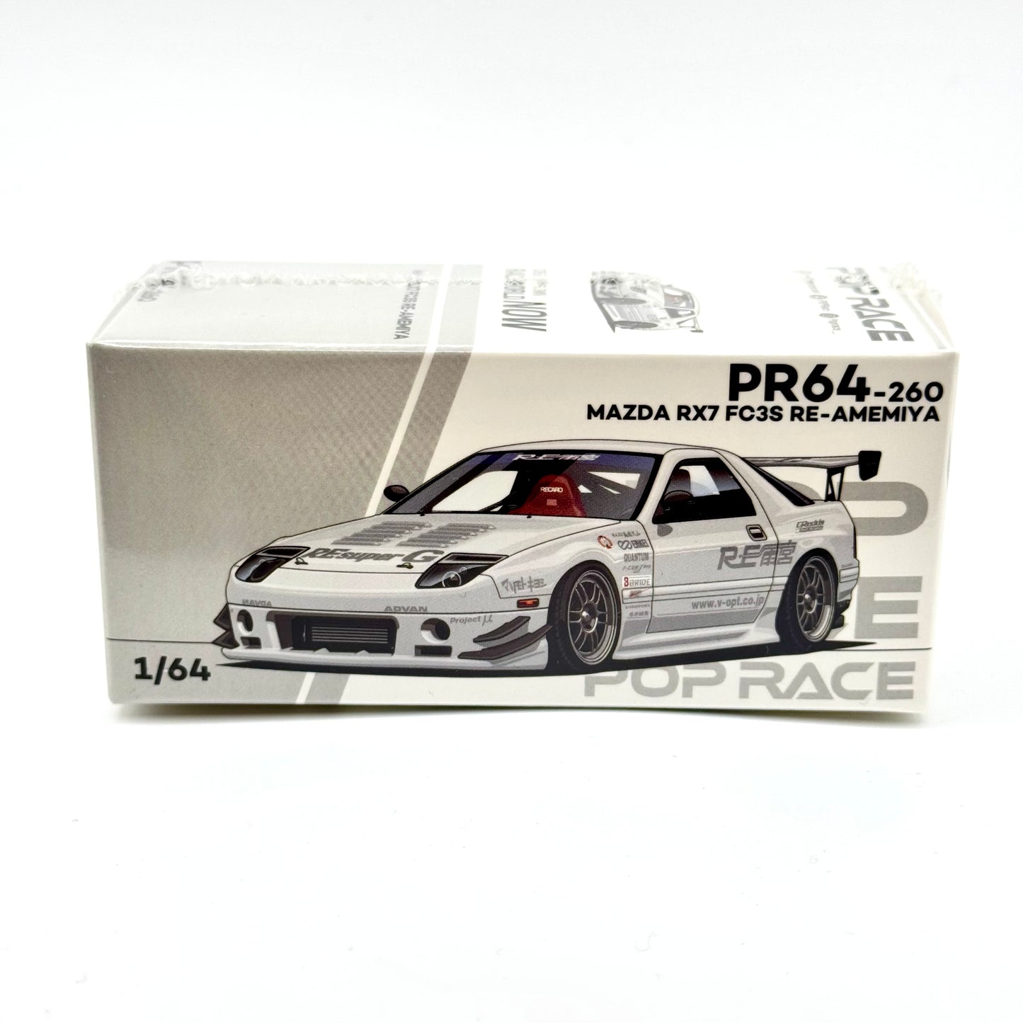 Pop Race PR64-0260 Mazda RX-7 FC3S RE Amemiya White 1:64 diecast box front view