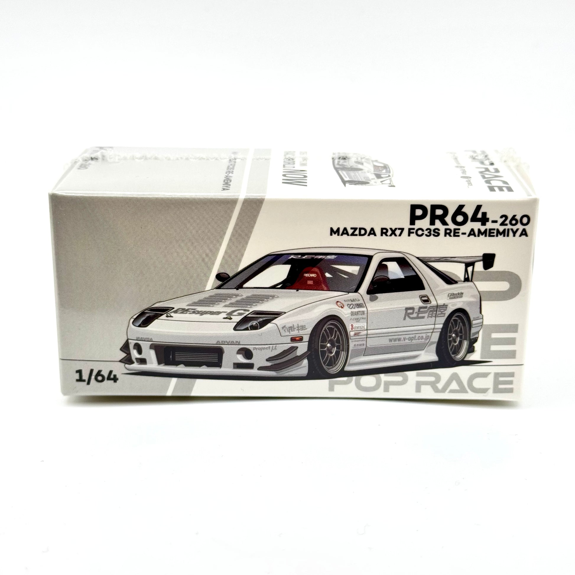 Pop Race PR64-0260 Mazda RX-7 FC3S RE Amemiya White 1:64 diecast box front view