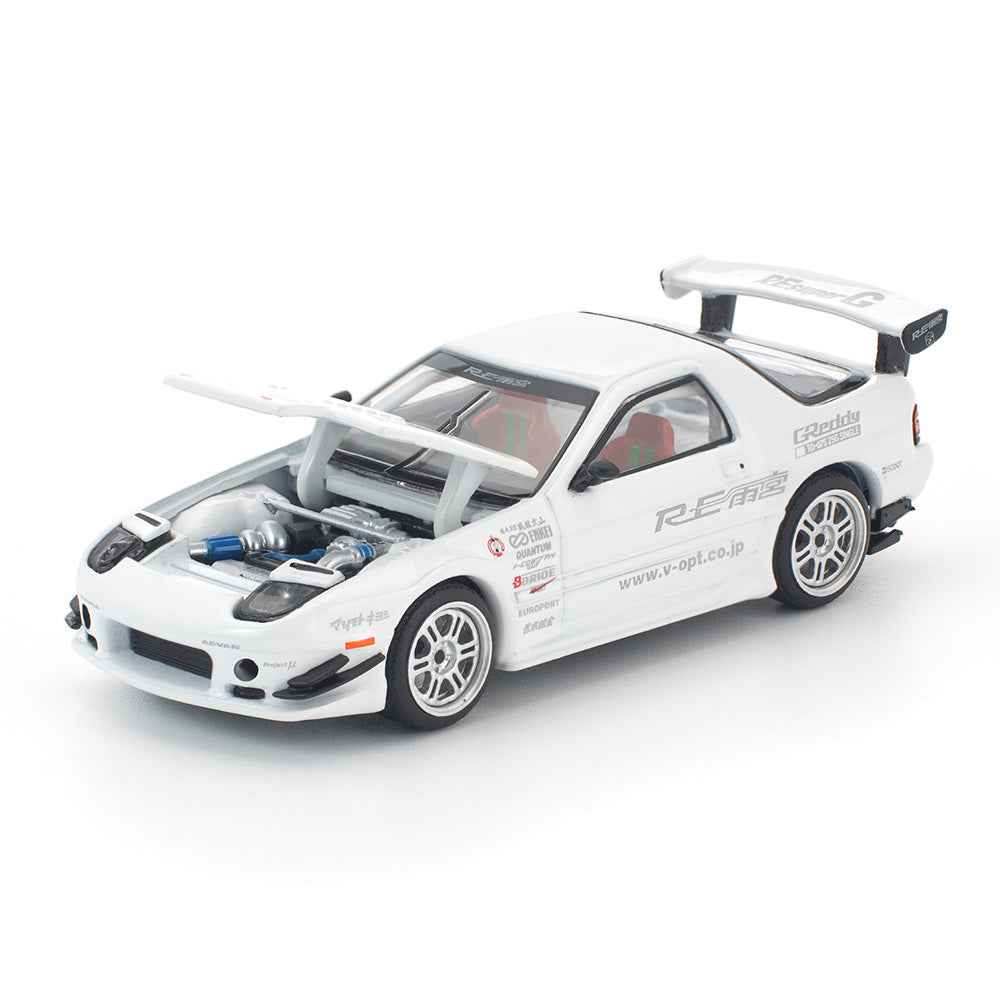 Mazda RX-7 FC3S RE Amemiya White 1:64 diecast front angle view with open hood