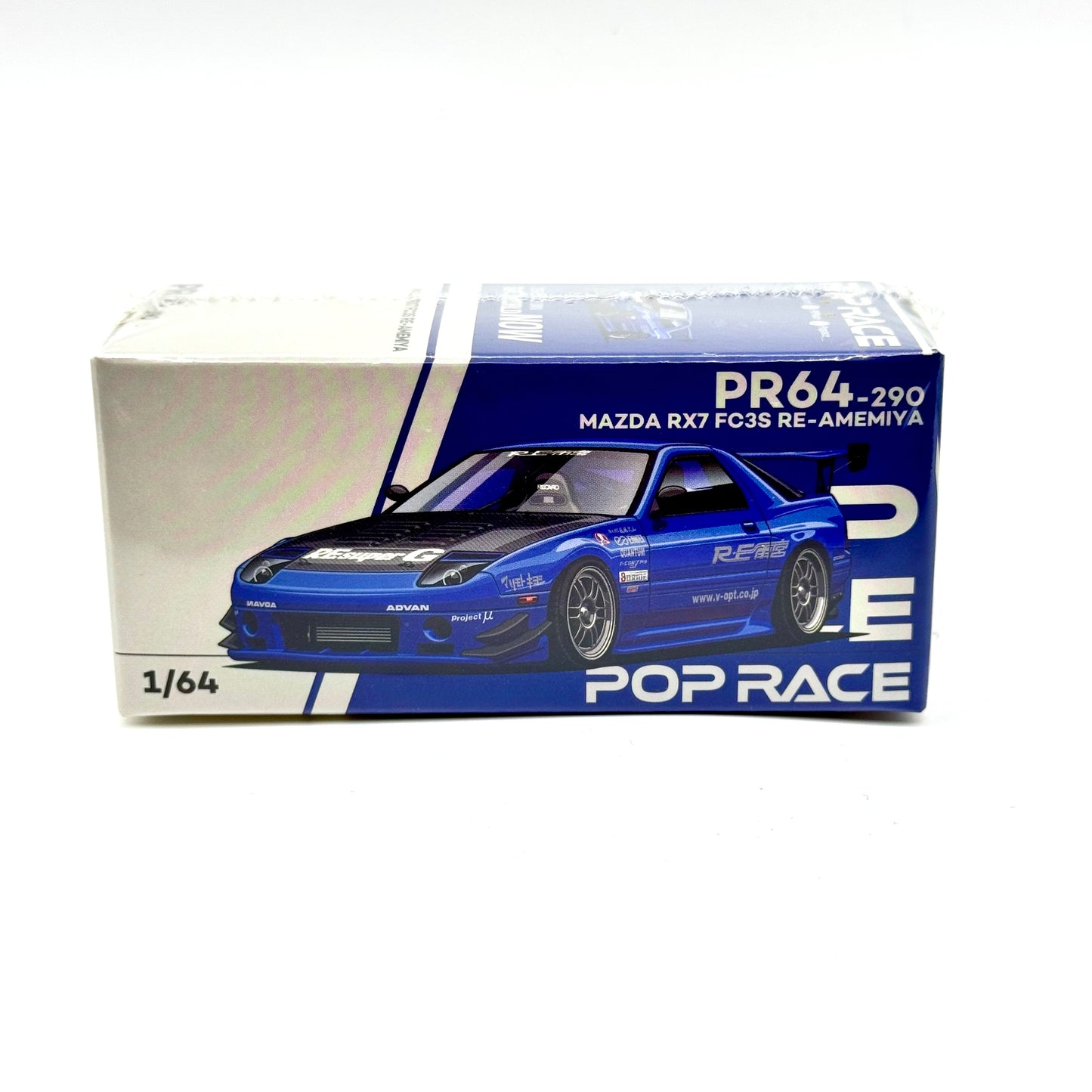 Pop Race PR64-0290 Mazda RX-7 FC3S RE Amemiya Blue 1:64 diecast box front view